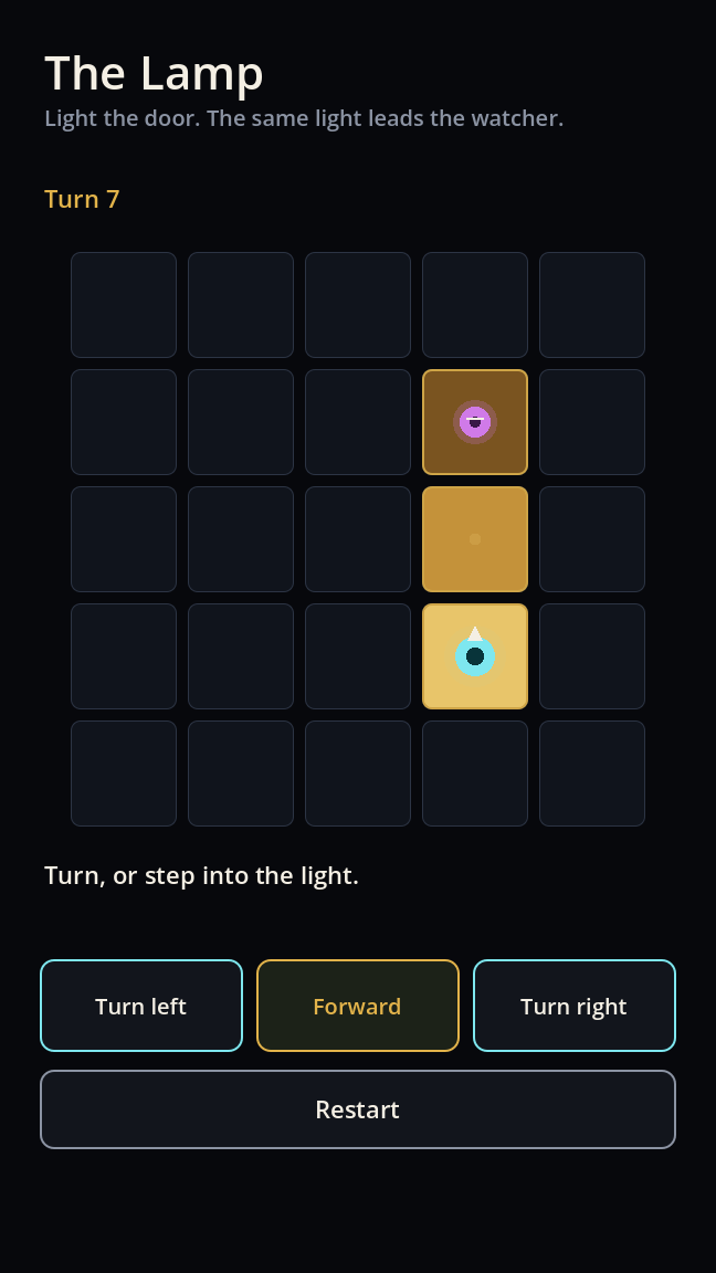 The watcher stands in the light, two cells ahead