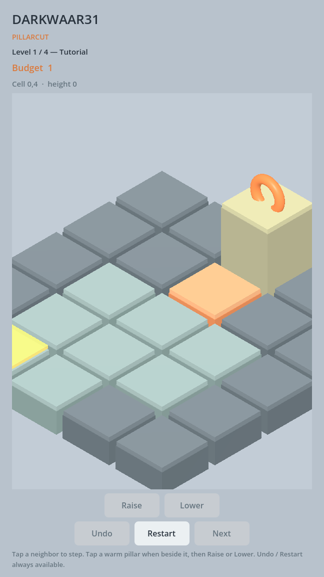 Tutorial board — low-poly pillars and the orange goal