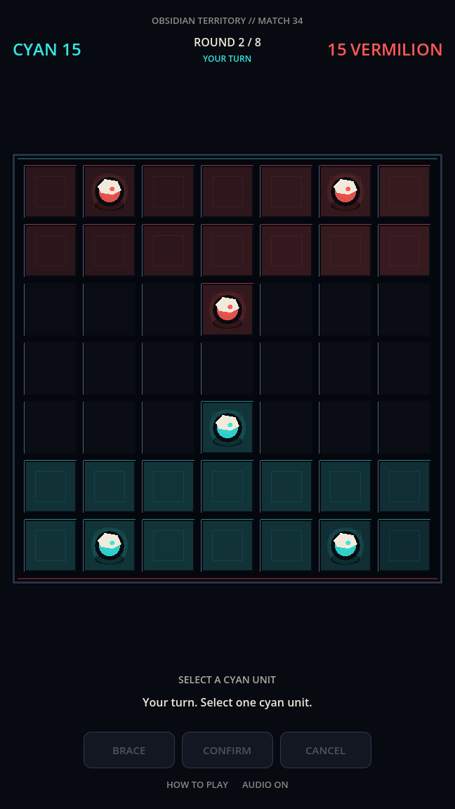 A cyan move has claimed a path while the Vermilion AI contests the center lane