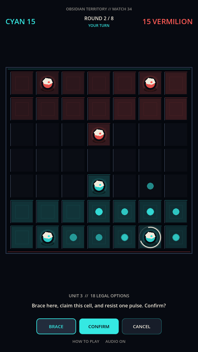 Brace preview around a selected cyan unit, with legal destinations still visible