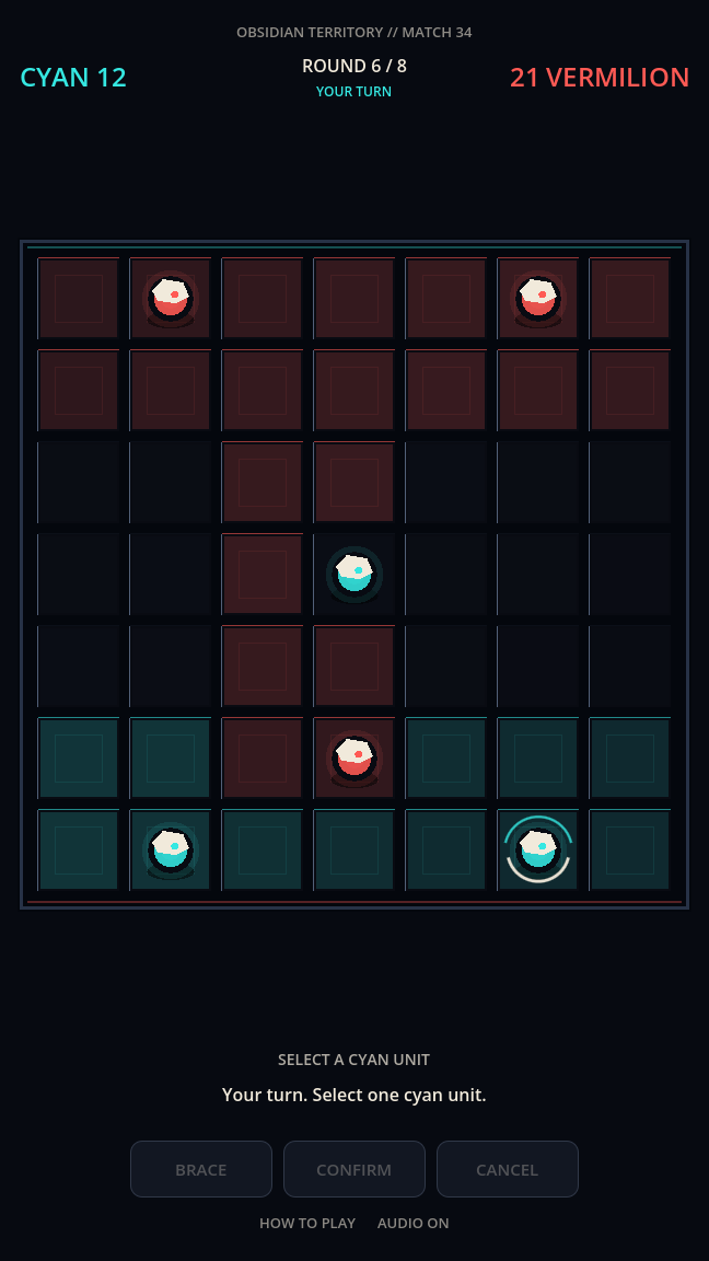A late-match position with territory crossing the center of the arena
