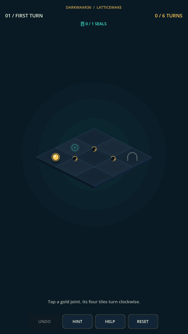 The first Latticewake chamber, showing its gold light, cyan seal, rotating joints, and white gate