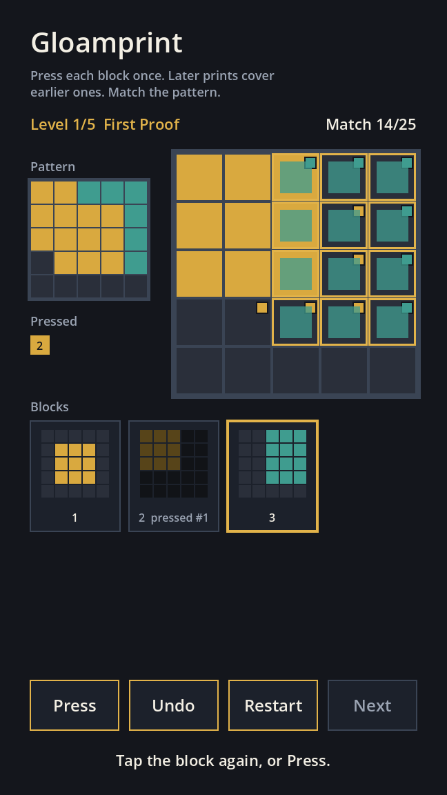 Gloamprint first print, a block selected with its cells previewed on the sheet