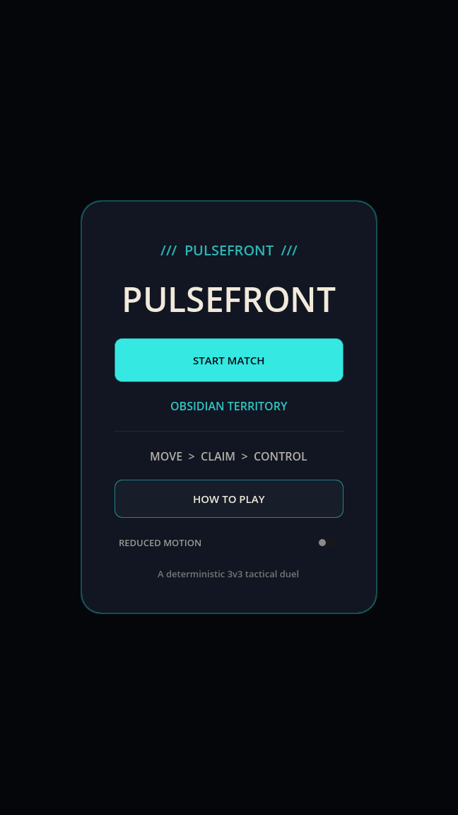 Pulsefront title screen with Start Match, How to Play, and reduced-motion controls