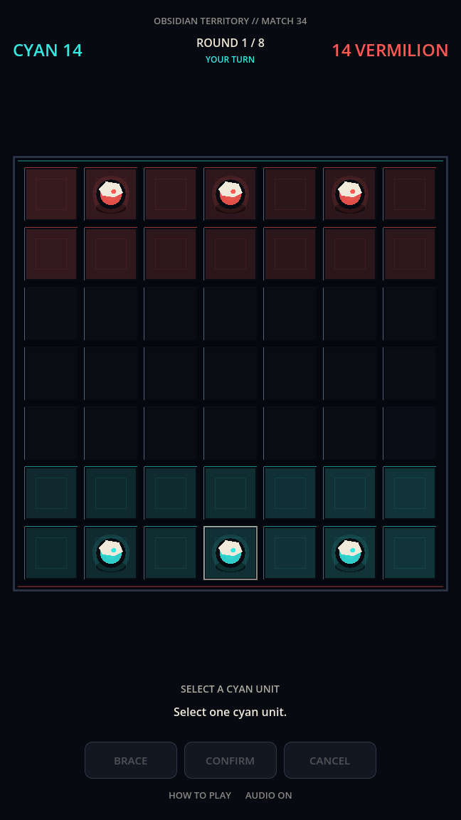 The initial 7×7 battlefield with three cyan and three vermilion units