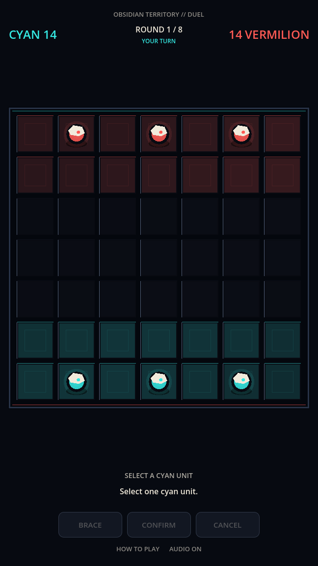 A cyan move has claimed a path while the Vermilion AI contests the center lane