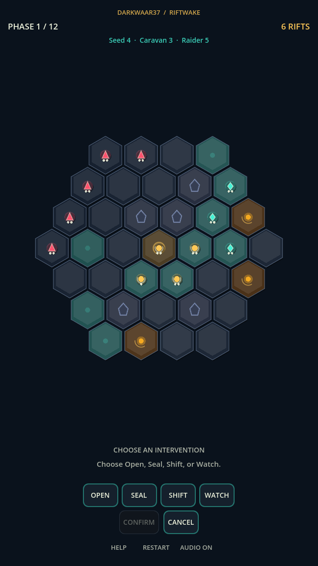 The Riftwake hex disk with Seed, Caravan, and Raider stacks on terrain, veins, and barriers