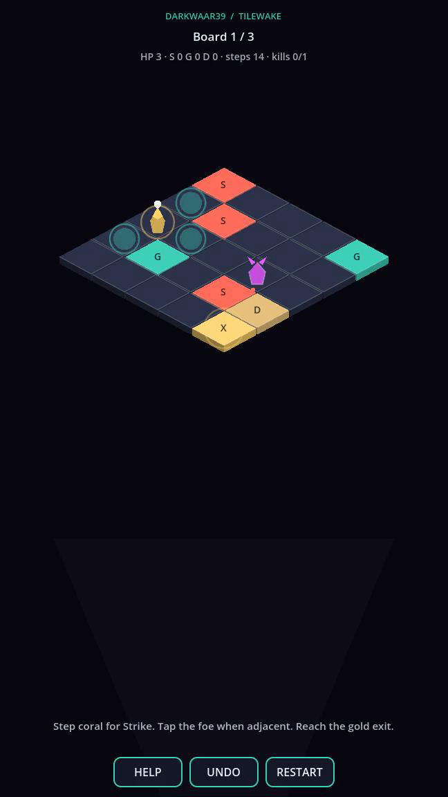 An isometric Tilewake board with coral Strike tiles, teal Guard tiles, a gold player, and a magenta foe